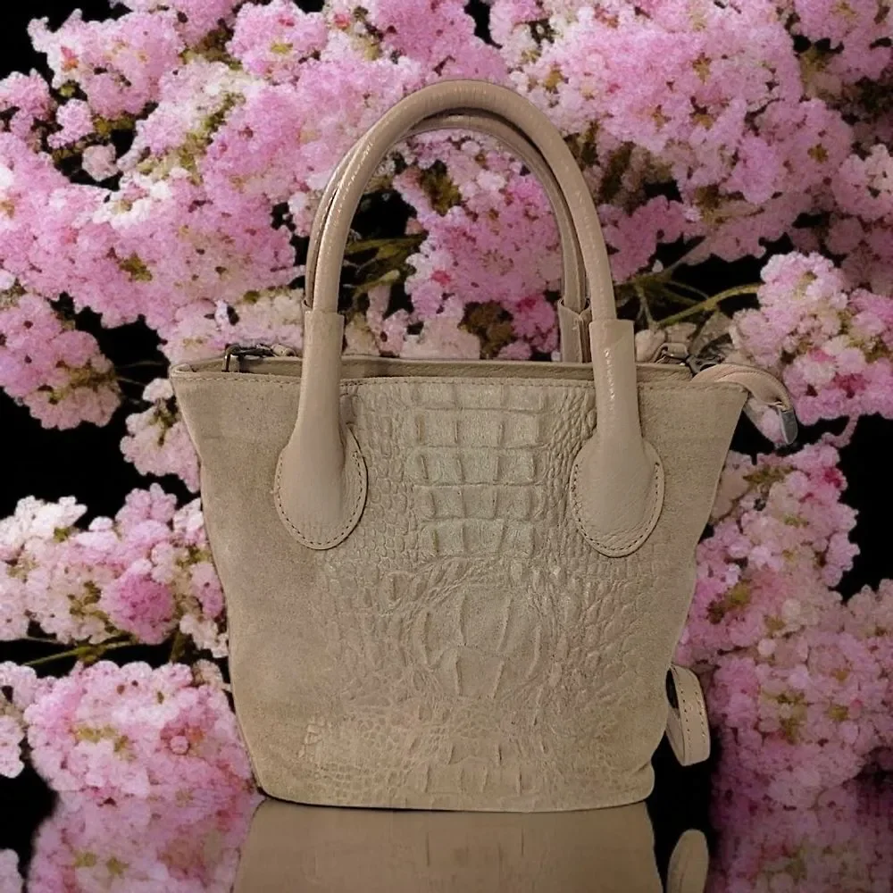 Borse in Pelle Suede Crossbody Bag Mini Bucket Bag Faux Croc Embossed Tan Italy.
